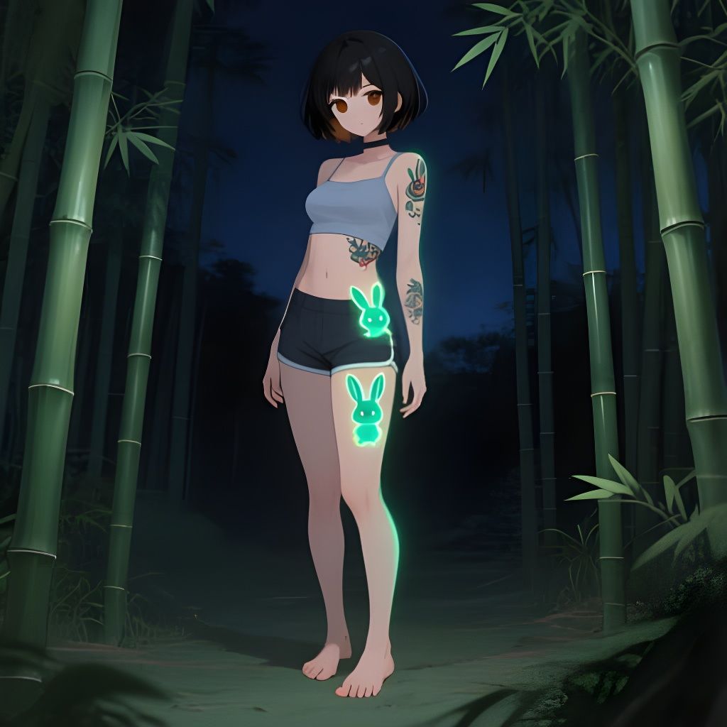 Anime Woman in Bamboo Forest with Glowing Rabbit Tattoos