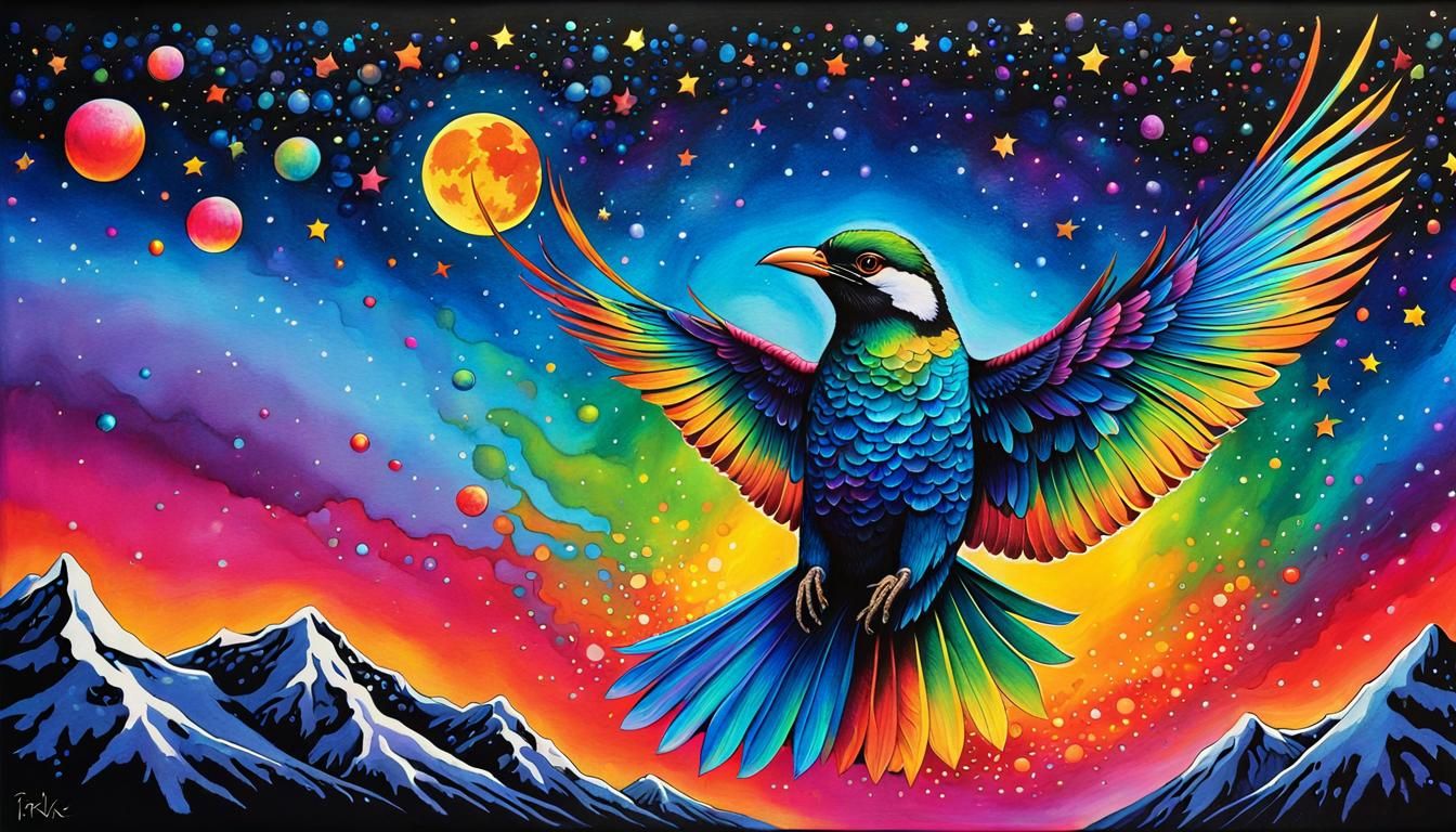 Psychedelic Bird in Flight Under Starry Night