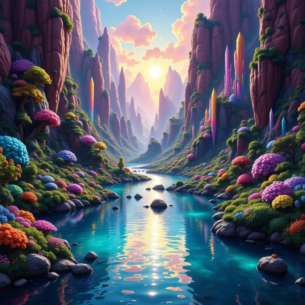Majestic Crystalline Canyon River with Alien Flora