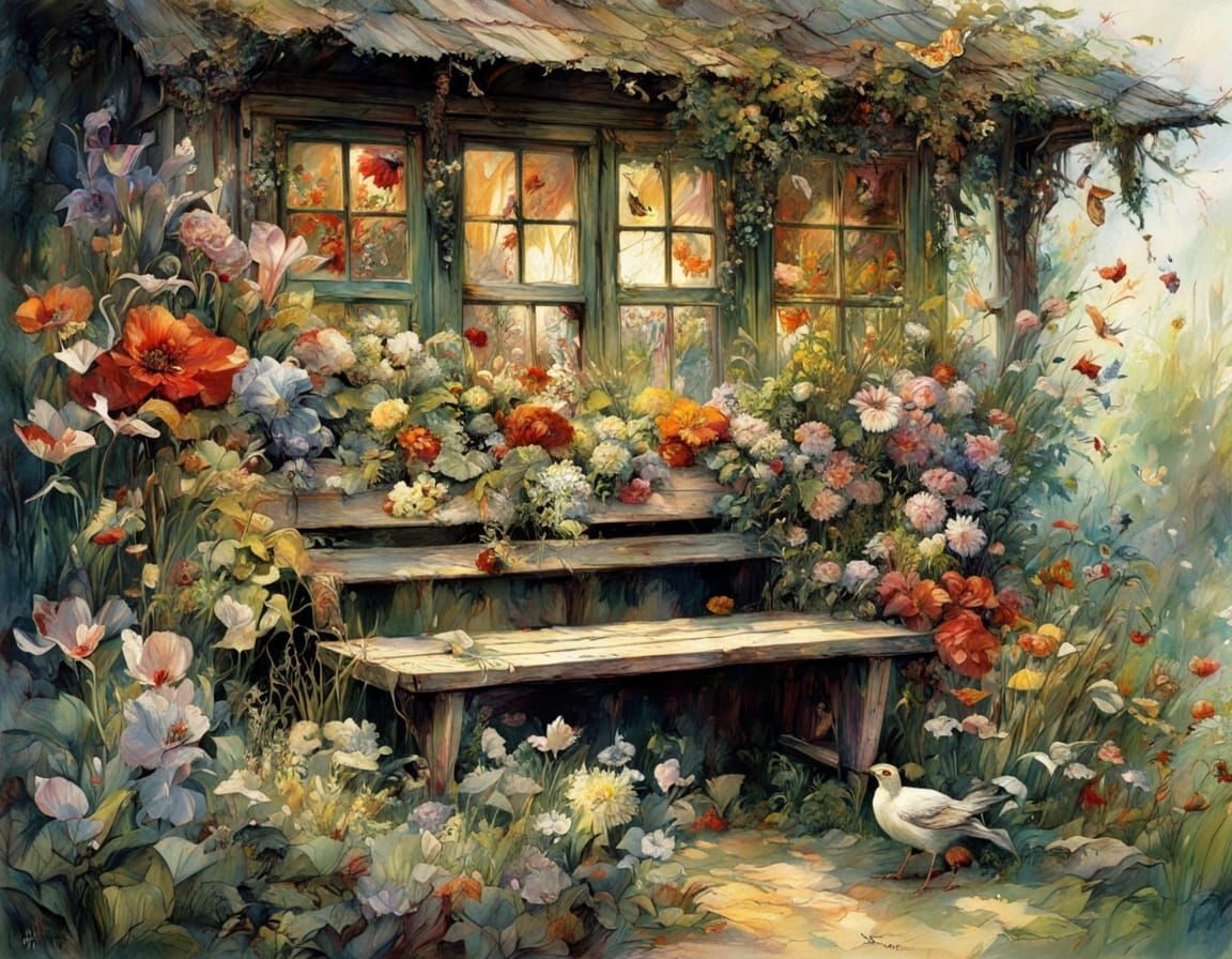 Botanicals on Garden Bench in Illustrative Style