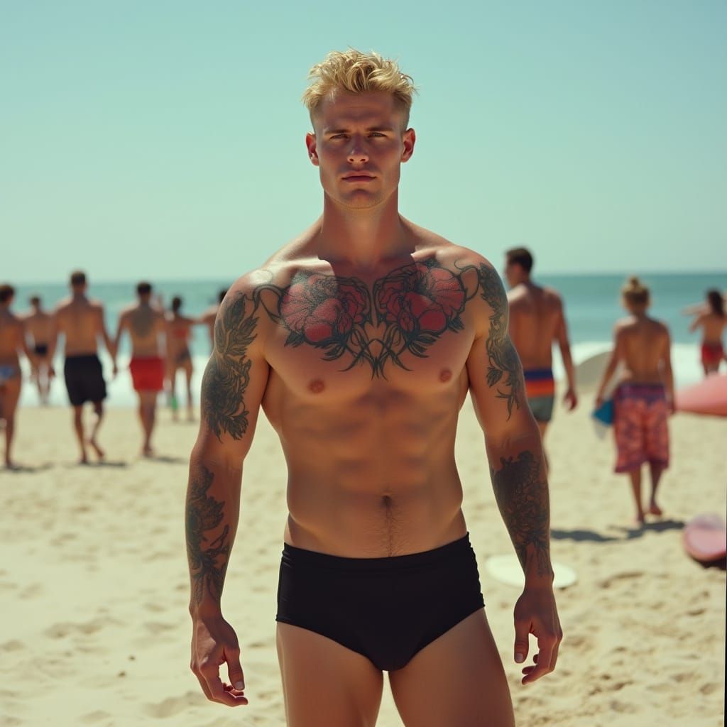 Athletic Man with Tattoos on Sunny Beach, Photorealistic