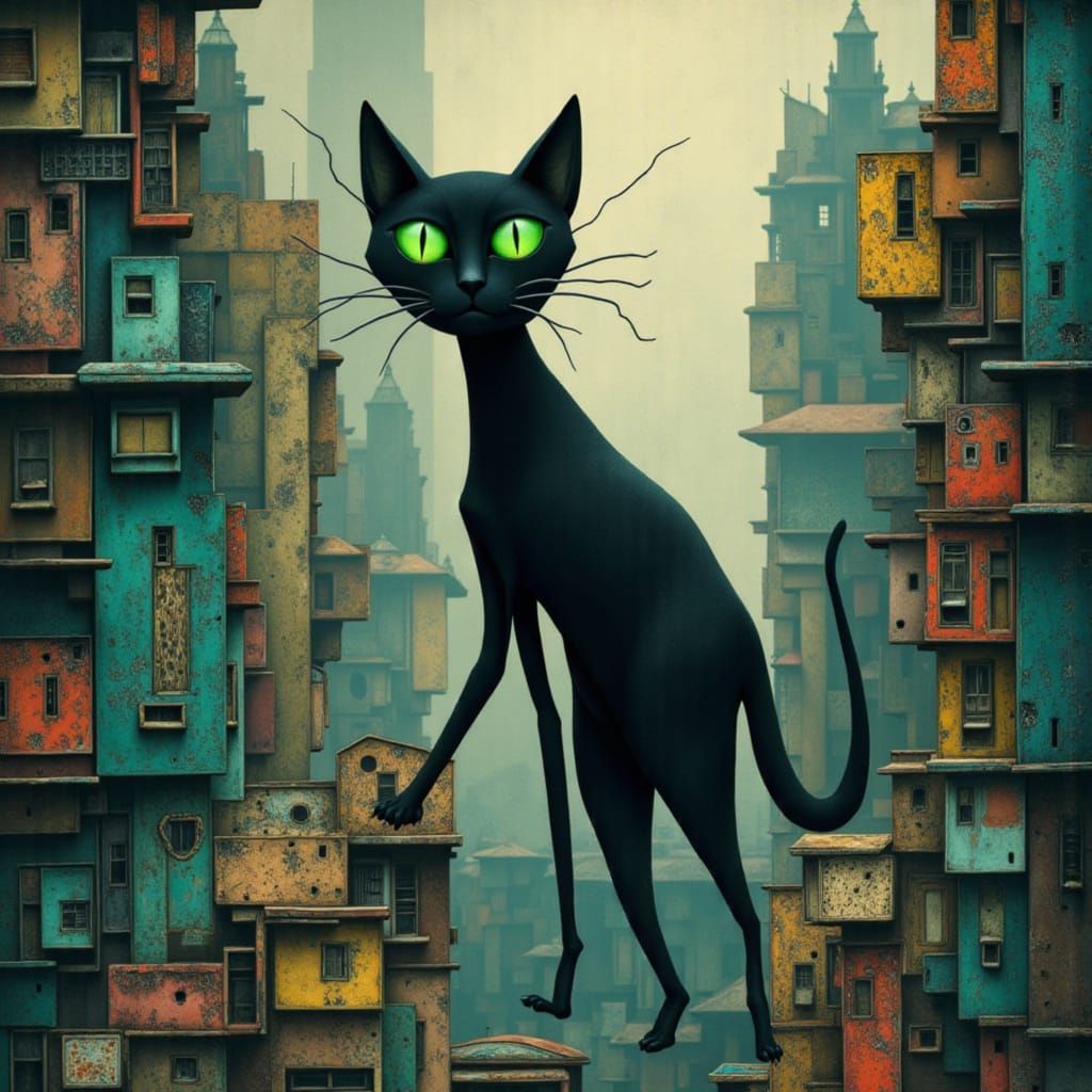 Black Cat in Distorted Cityscape, Glitch Art Style