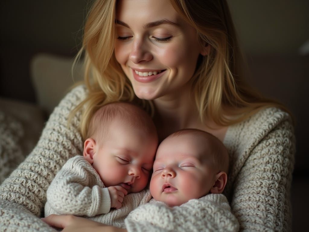 Smiling Woman with Triplets, Hyperrealistic Image