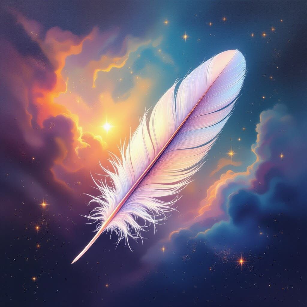 Surrealist Oil Painting of Feather in Cosmic Nebula