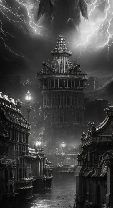 Gargoyles in Lightning: Black and White Ink Art