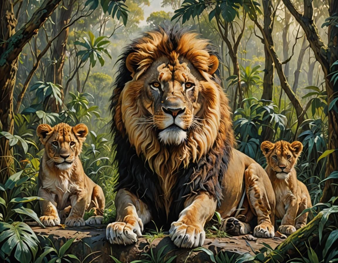 Majestic Lion and Cubs in Jungle Painting