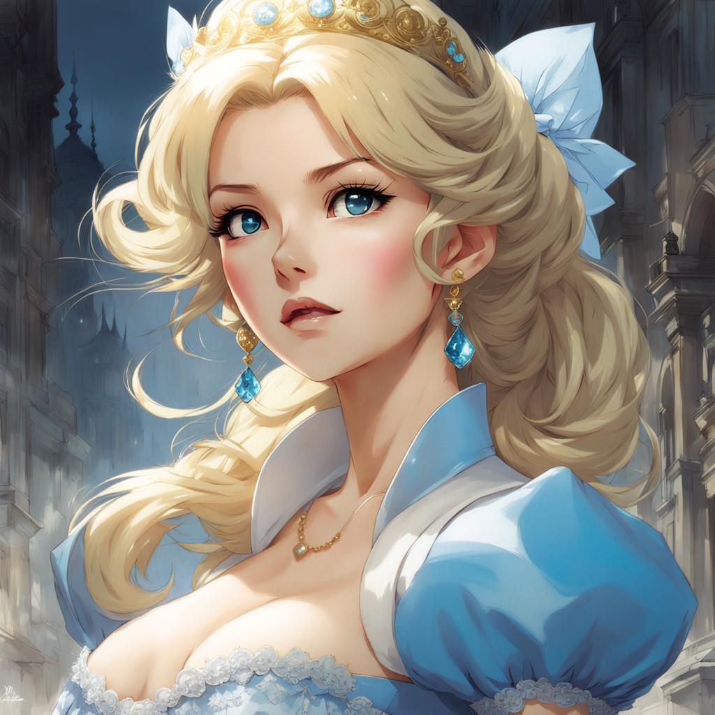 Anime Cinderella with Blonde Hair and Big Eyes