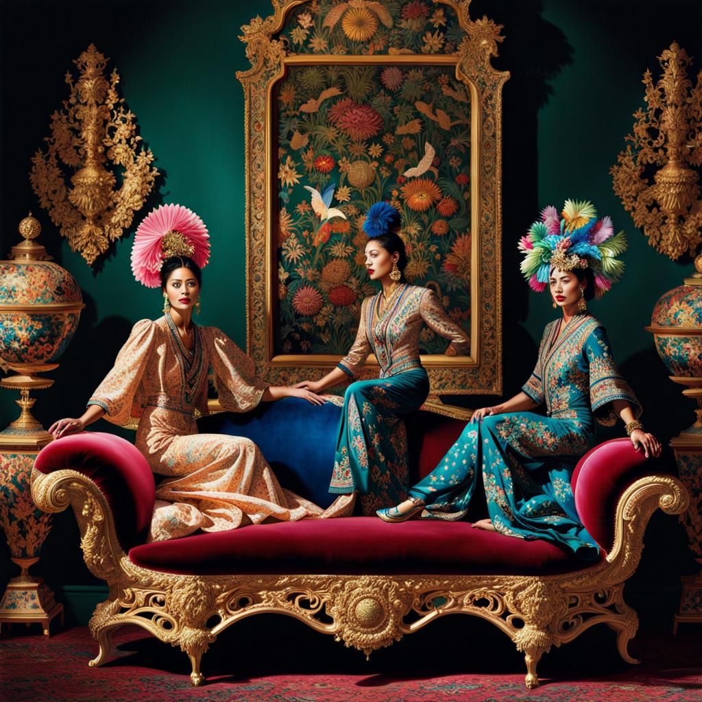 Ornate Illustration: Women Jumping on Sofa