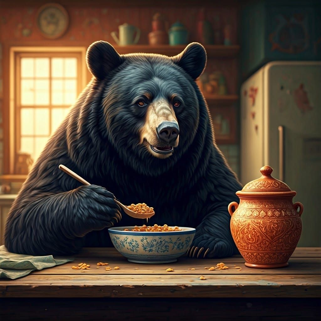 Black Bear's Breakfast in Hyperrealistic Style