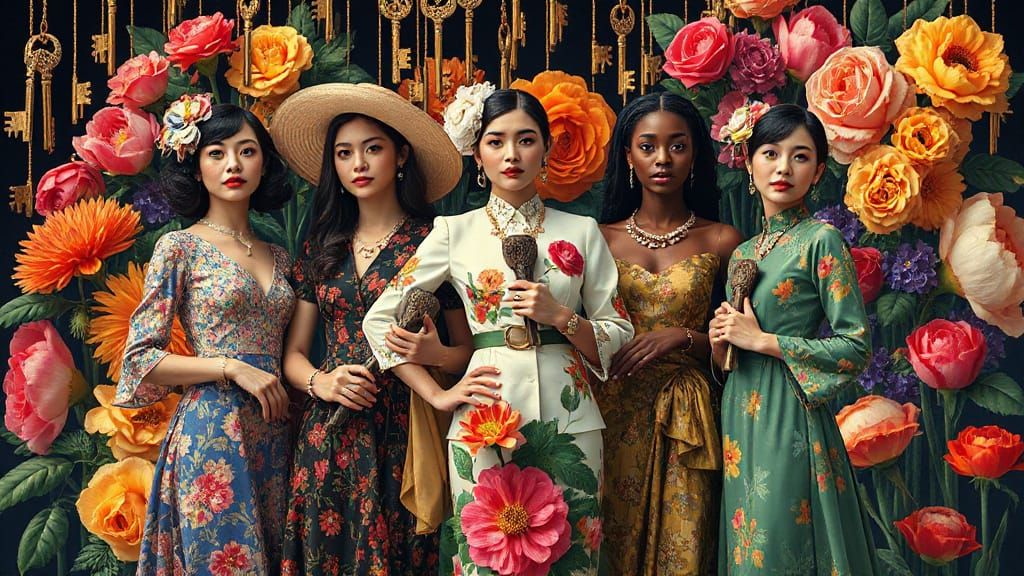 Elegantly Dressed Women in a Vibrant Floral Paradise
