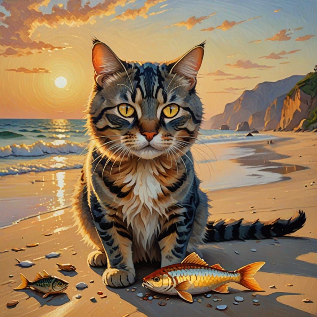 Cat with Fish: Impressionist Surrealist Beach Scene