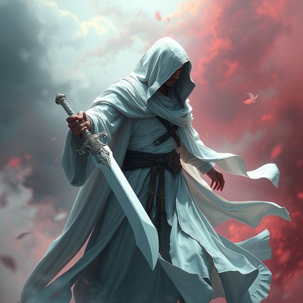 Majestic Figure in White Robes Emerges from Whirlwind of Lig...