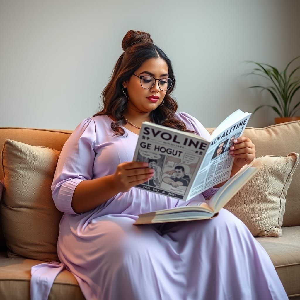 Plus Size Lady Reading Horror Manga on Sofa