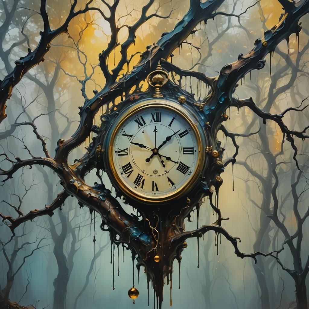 Melting Clock on Branch in Dreamlike Fauvist Forest