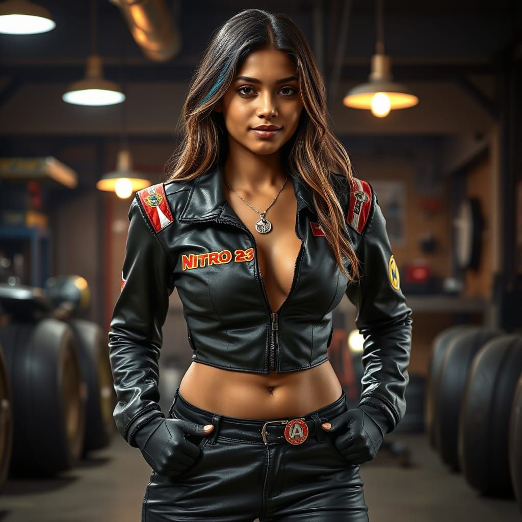 Adivasi Woman in Leather Racing Gear