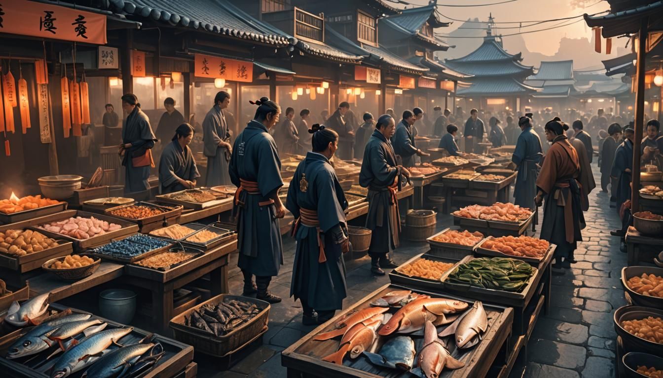 Samurai at Fish Market: Detailed Matte Painting