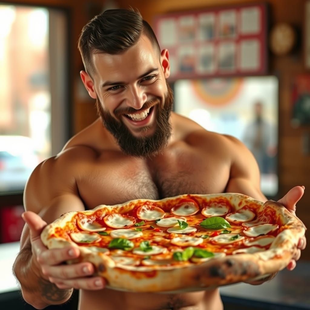 Muscular Man Offers Pizza in Natural Light