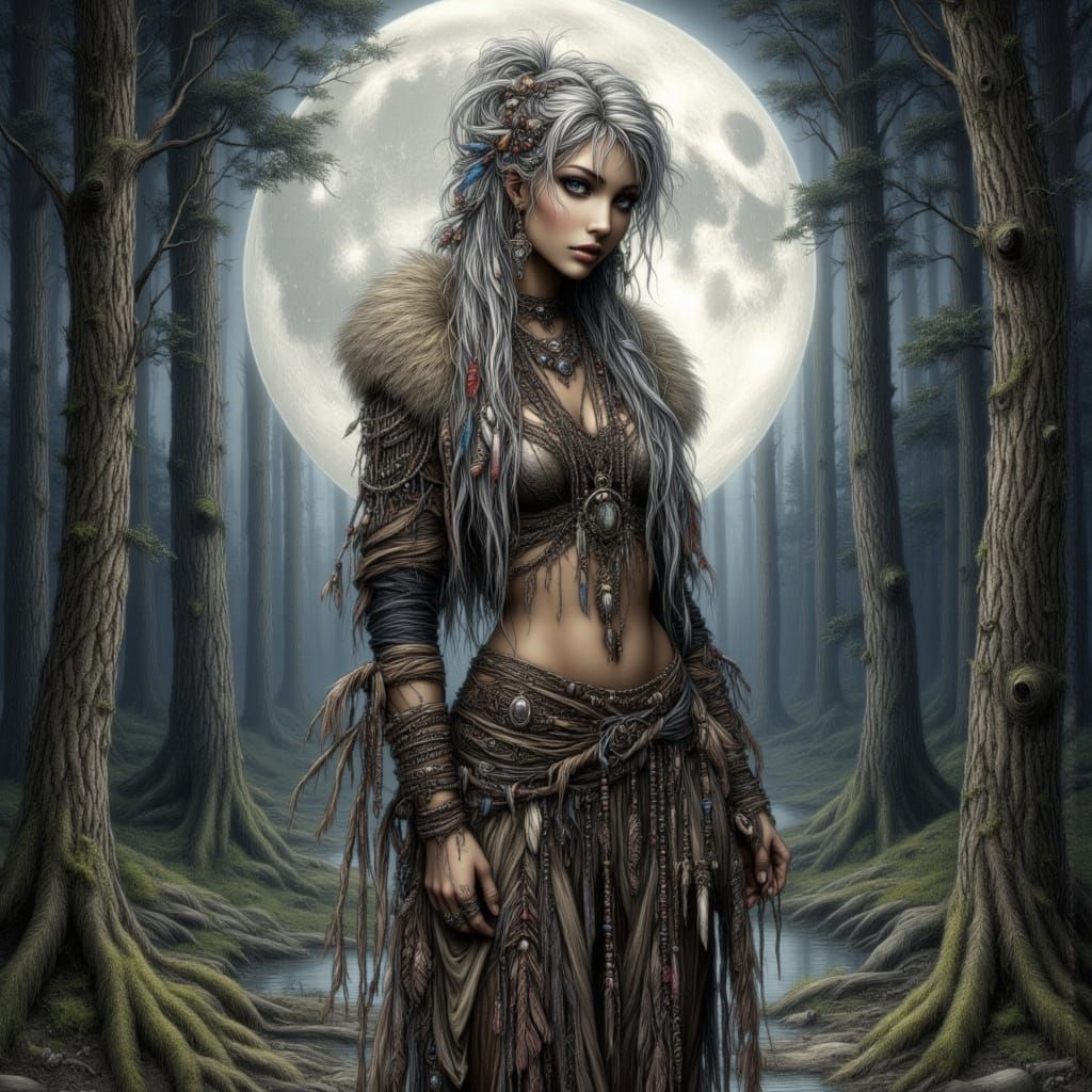 Tribal Medicine Woman in Moonlit Forest Clearing