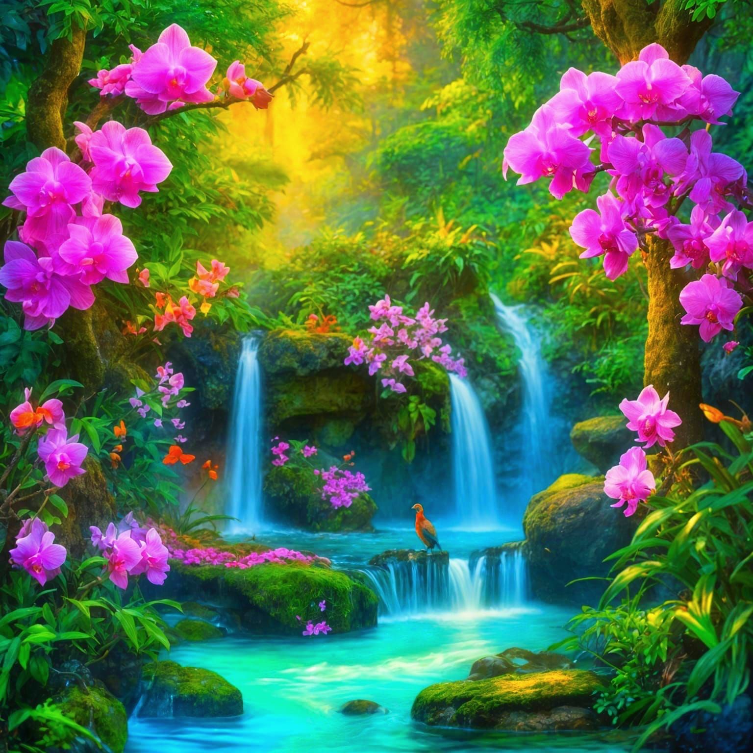 Enchanted Secret Garden with Vibrant Orchids and Majestic Pl...