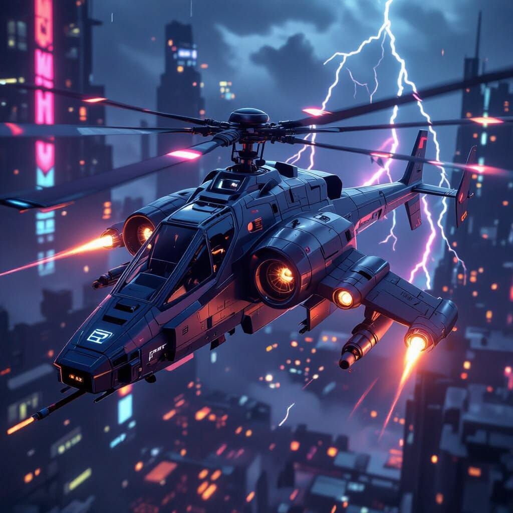 Futuristic Gunship Hovering in Stormy Dystopian Sky