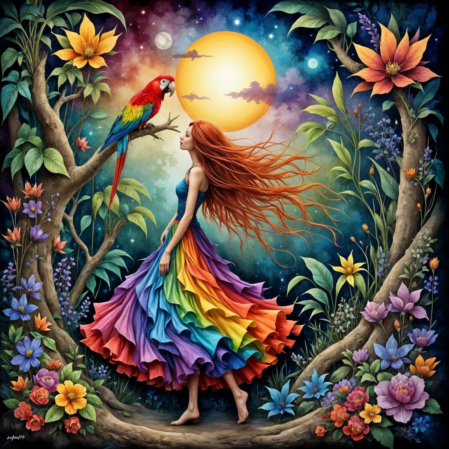 Whimsical Woman and Parrot in Abstract Tropical Forest