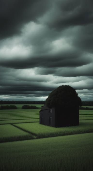 Black Armchair in Stormy Green Field with Crosses