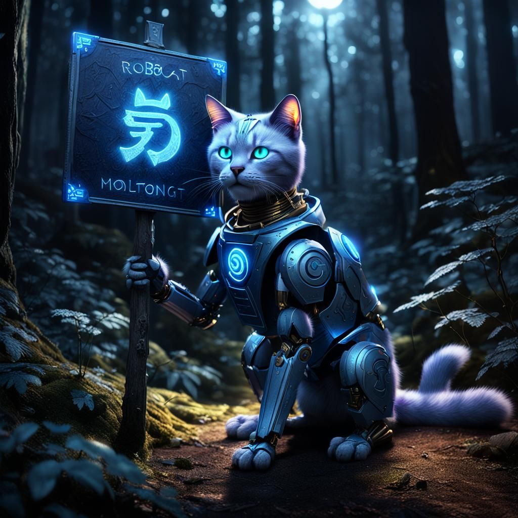 Glowing Robot Cat in a Dark Mystic Forest
