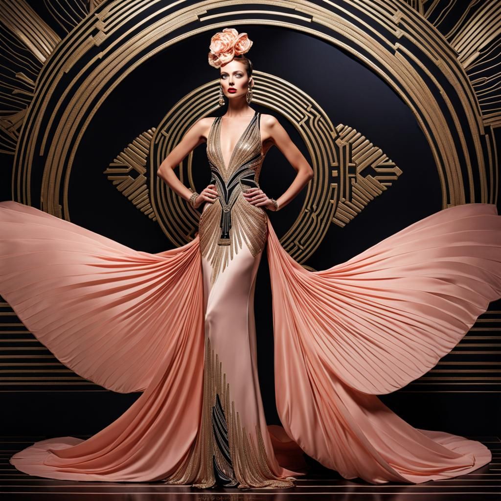 Fashion model wearing ERTE haute couture dress