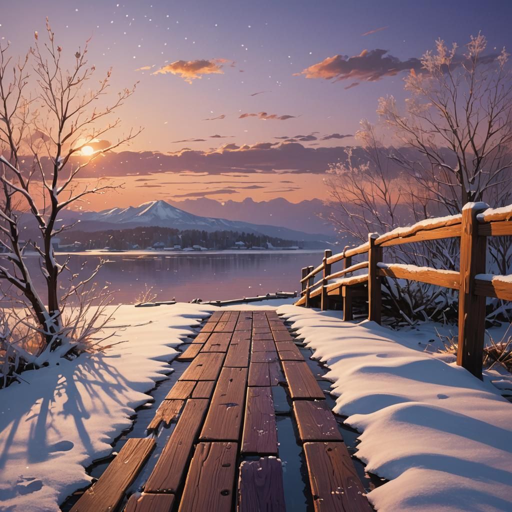 Snow-Covered Jetty at Sunset in Splash Art Style