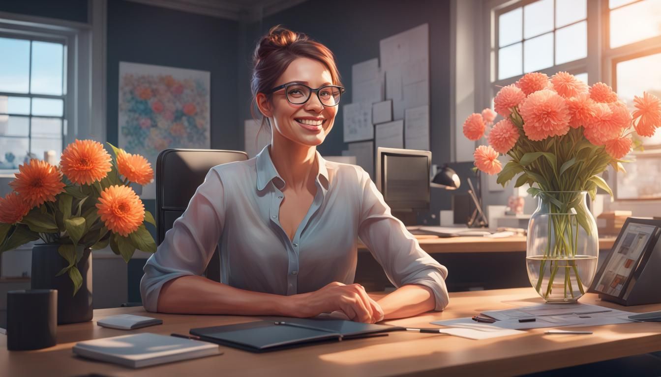 Woman Smiling in Office: Hyperdetailed Portrait