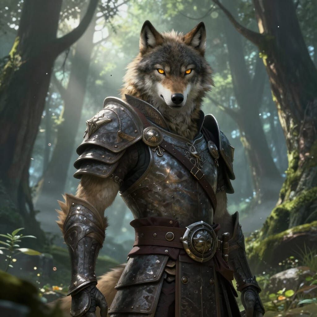 Wolf-Human Warrior in Ancient Forest, 3D Anime Style