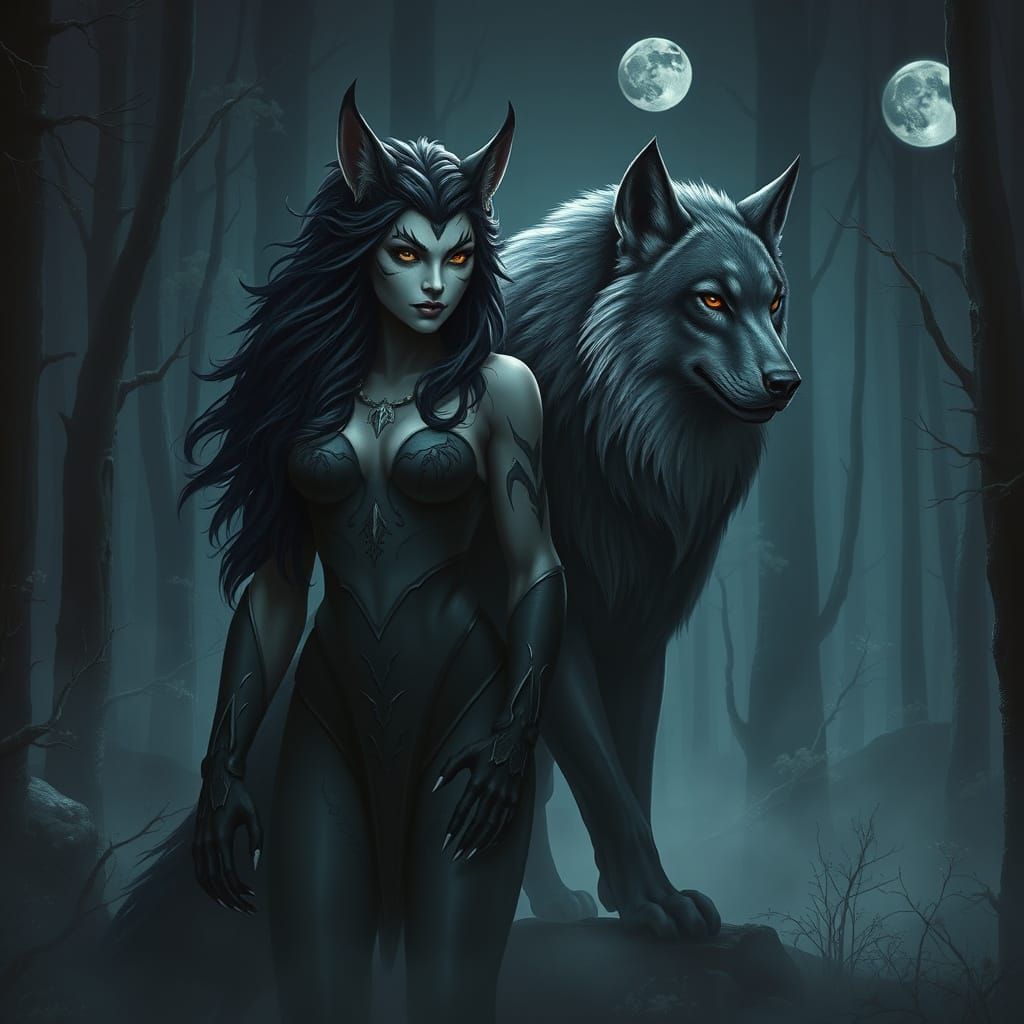 Mystical Lynx Woman in Bioluminescent Forest