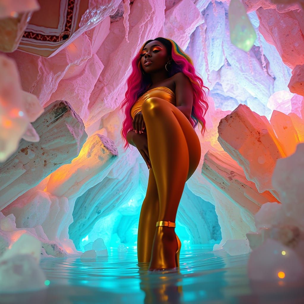 Ethereal Gold Figure in Bioluminescent Crystal Cave