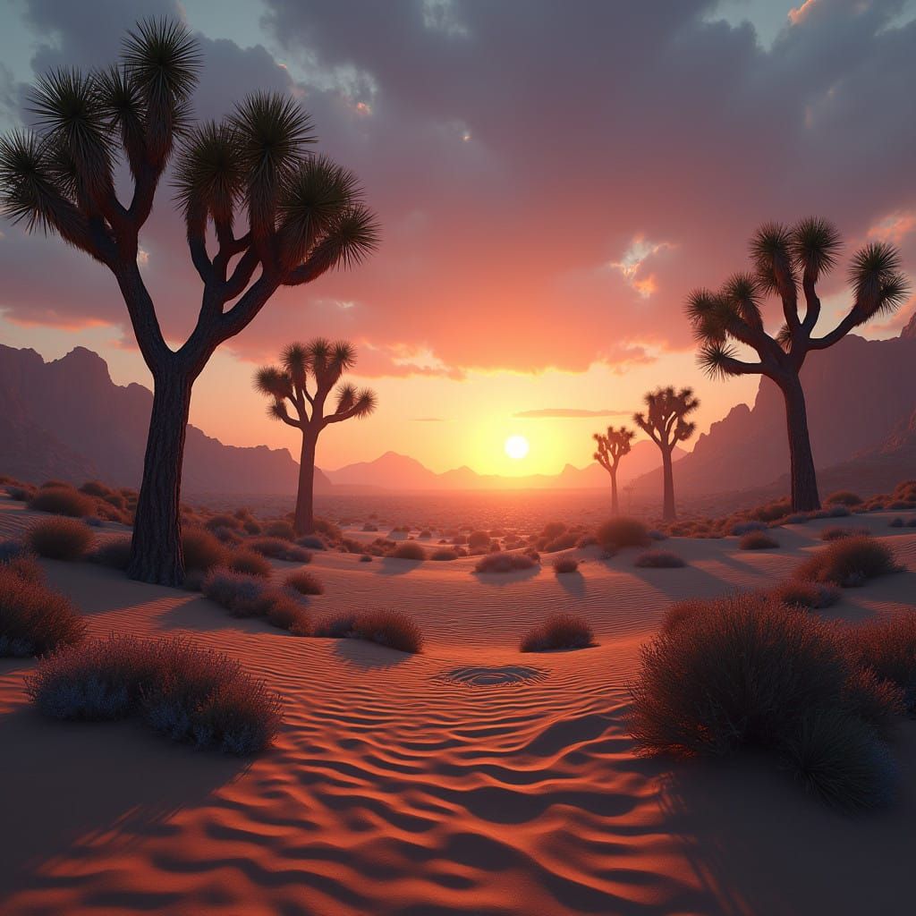 Surreal Mojave Desert Dreamscape at Dusk with Joshua Trees a...