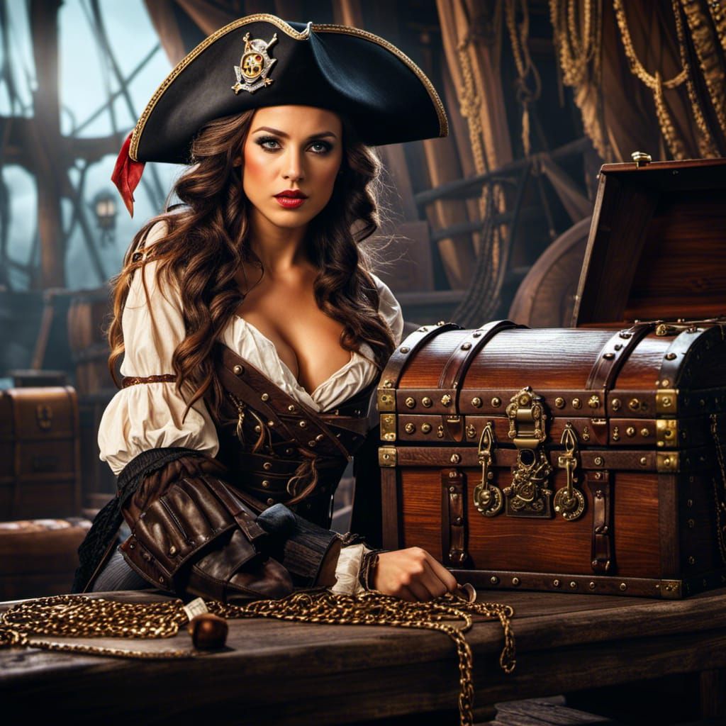 Hyperrealistic Pirate Girl with Treasure Chest