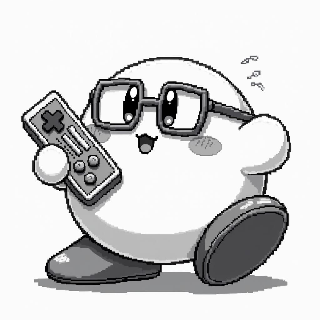 Pixelated Kirby with Game Controller in 8-Bit Style