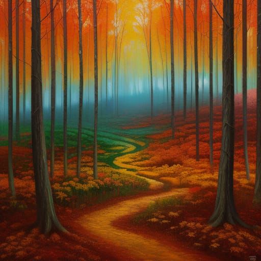Surreal Autumn Forest Painting Flows From Canvas