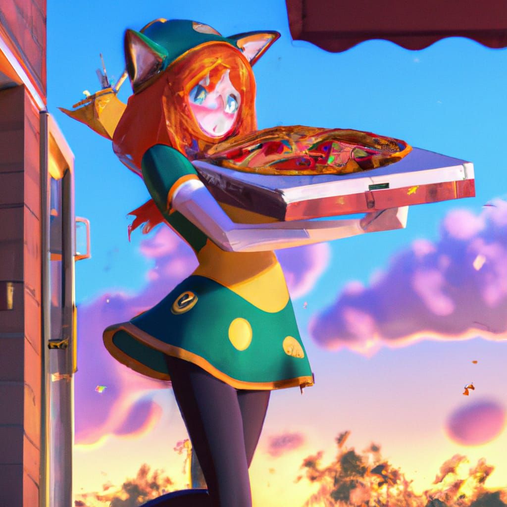 Anime Catgirl Pizza Delivery in Ghibli Style