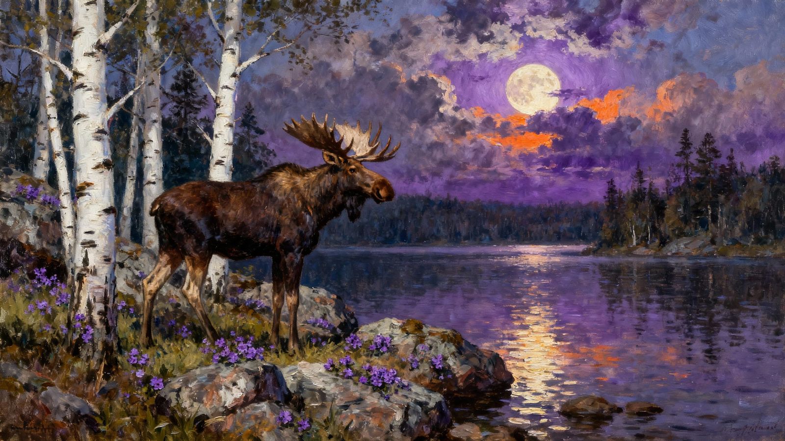Moose by Moonlit Lake with Birch Trees