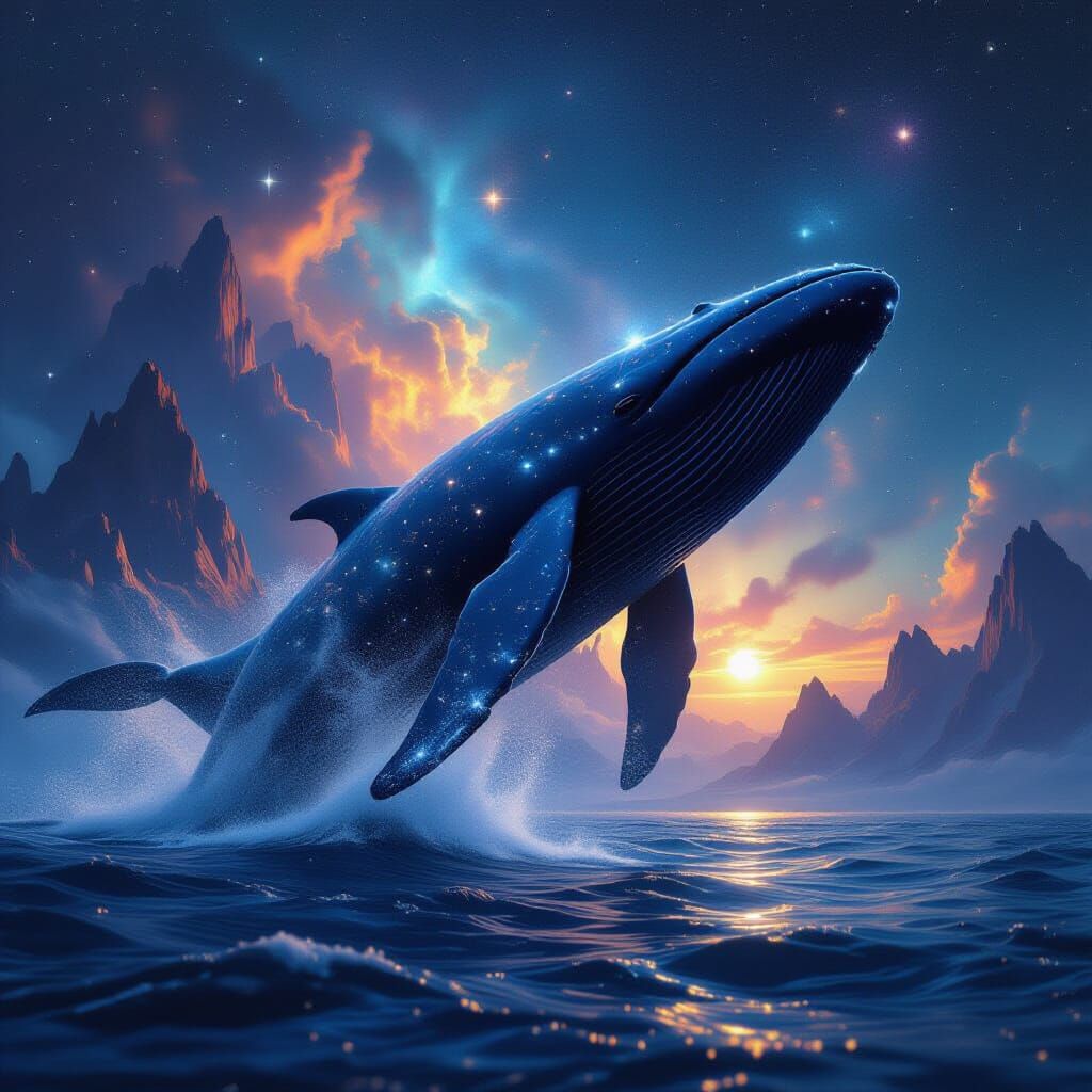 Cosmic Whale Breaching Nebulae Sea in Hyperrealistic Style