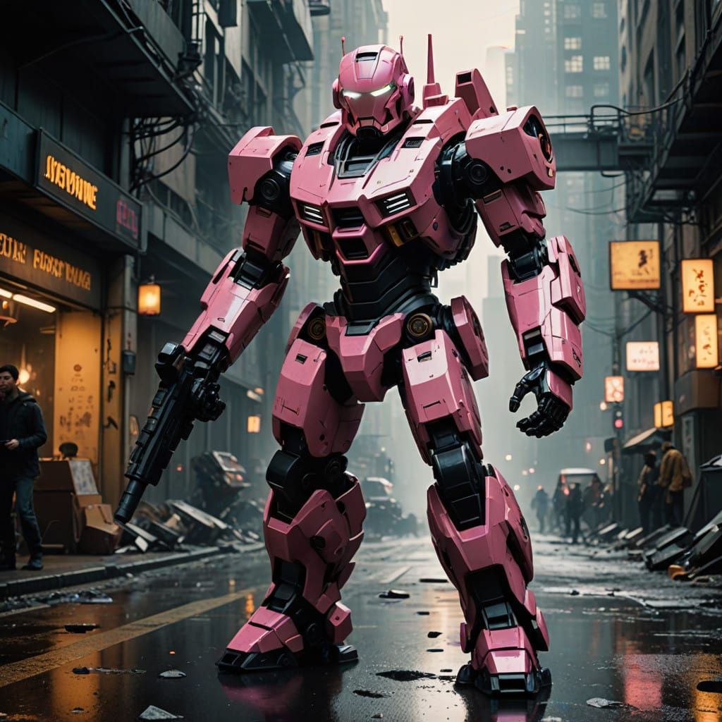 Cyberpunk Robot Suit in Heroic Attack Stance