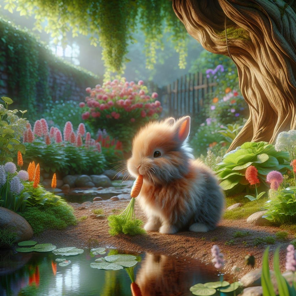 Adorable Baby Rabbit Nibbling Carrot in Sunny Garden