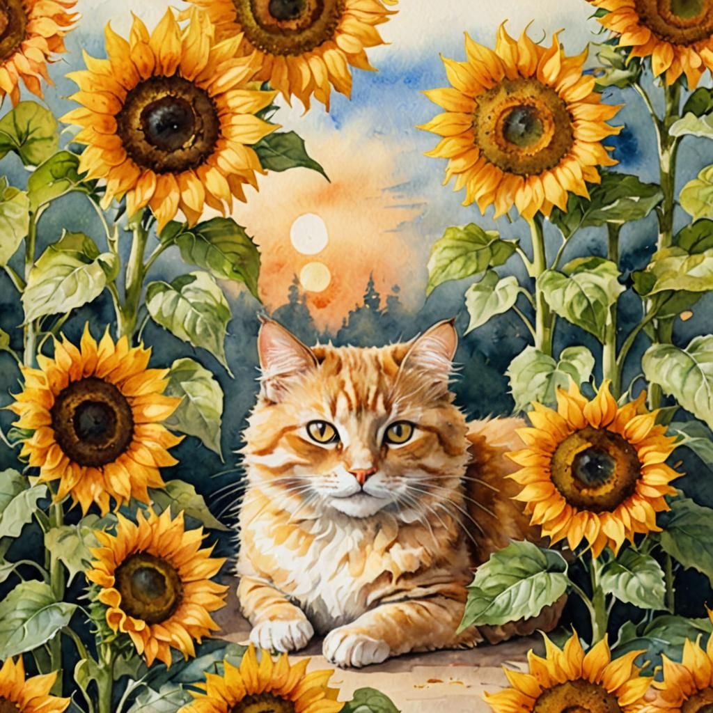 Watercolor Sunflower with Sleeping Mouse and Cat