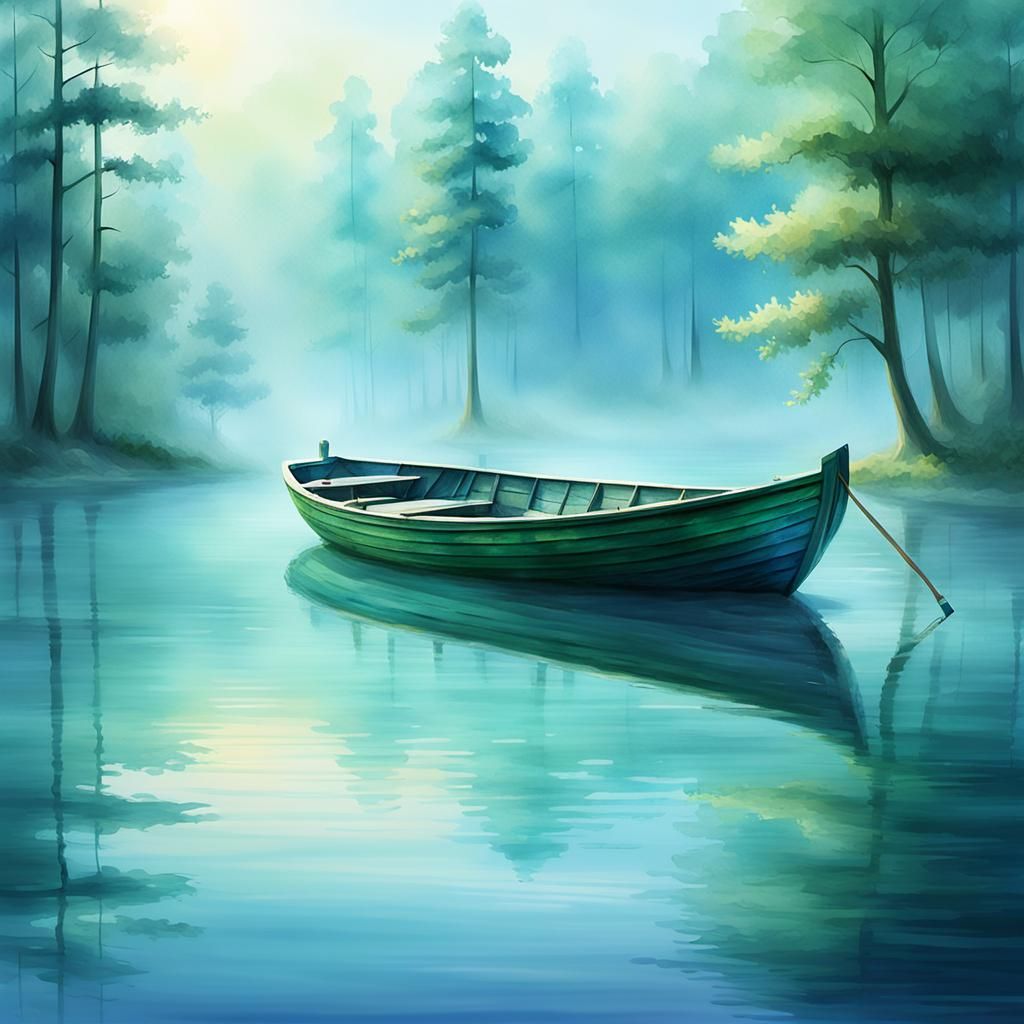 Serene Boat on Calm Lake: Fantasy Concept Art