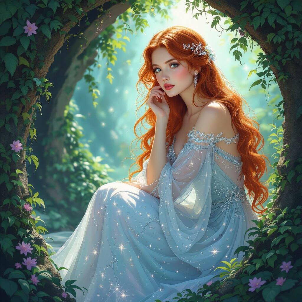 Ethereal Starlight Woman in Art Nouveau Style