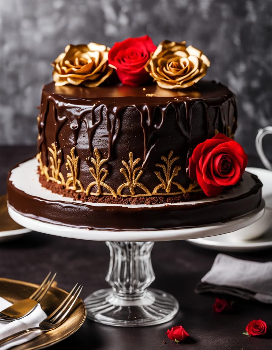 Luxury Chocolate Cake with Golden and Rose Details