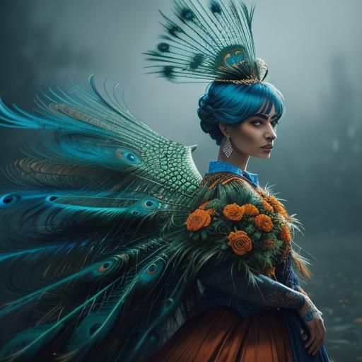 Woman with Peacock Feathers in Film Aesthetic