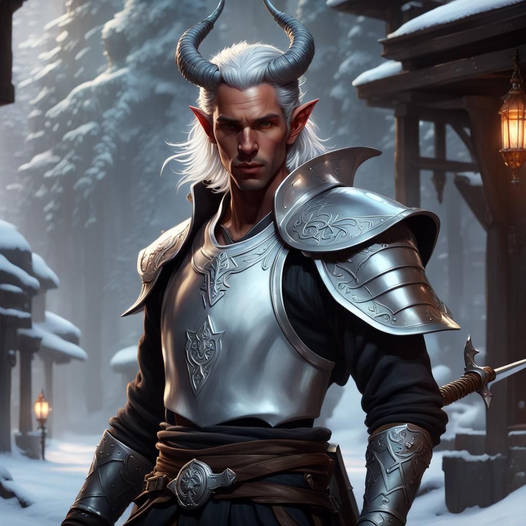 Tiefling Paladin with Icy Longsword in Dark Fantasy Style
