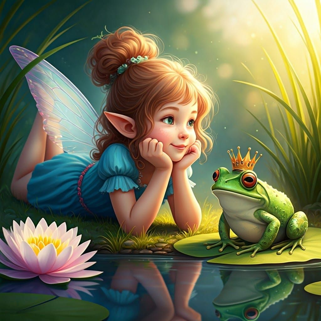 Fairy and Frog King Chat by the Pond: Hyperrealistic Splash ...