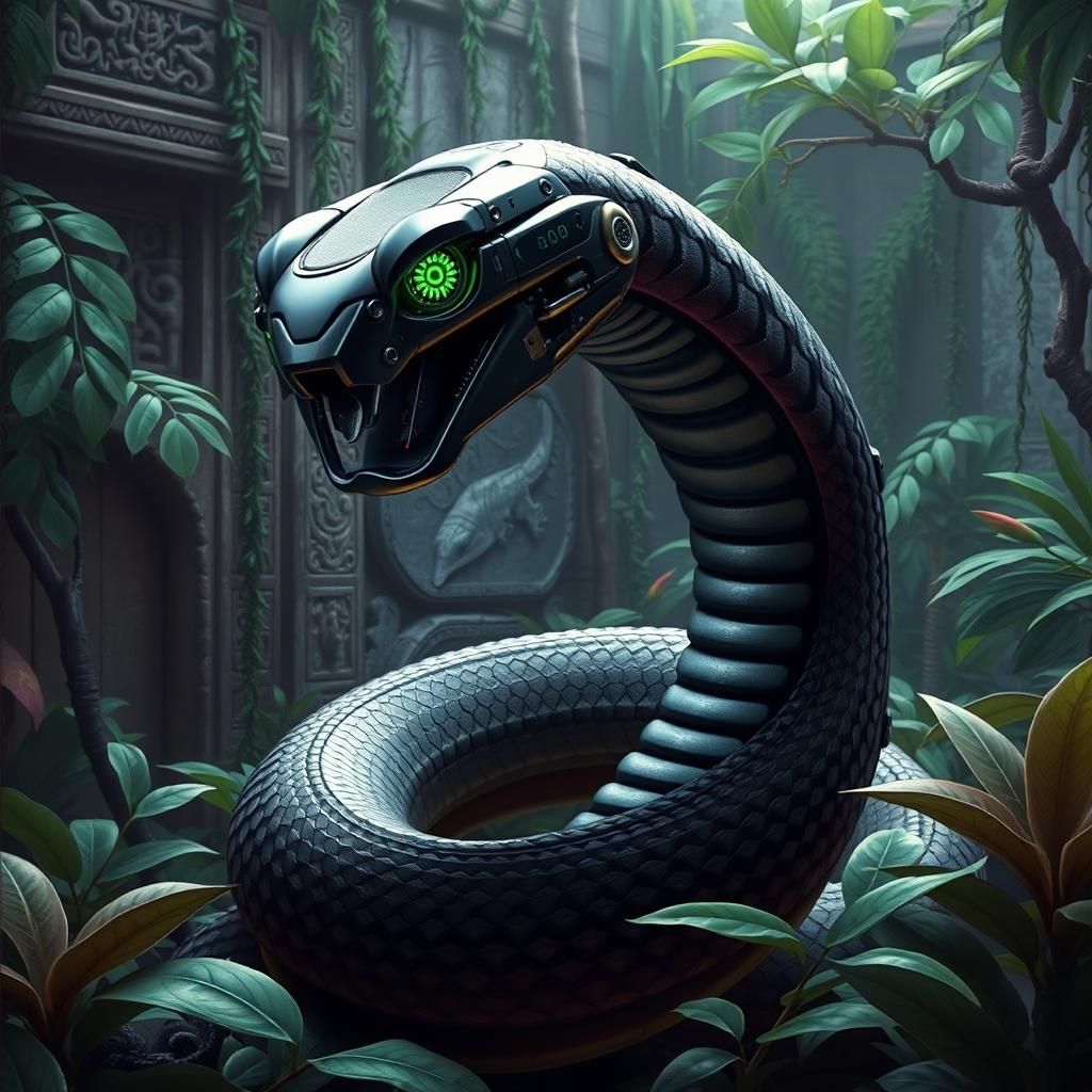 Cyberpunk Robot Cobra in Jungle Environment